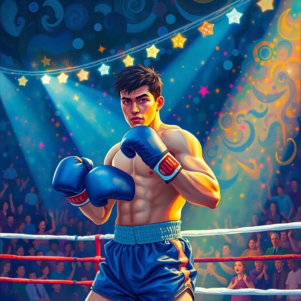 The boxing ring lit up at night with Leo looking determined, wearing a blue shorts and matching gloves, the crowd cheering in the background filled with colorful lights, illustration, exciting, high-quality