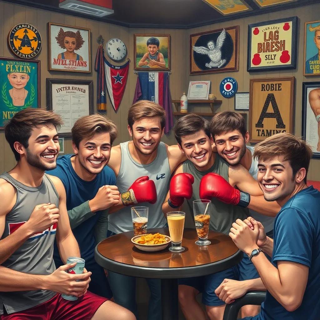 Leo and his friends celebrating together after a successful training session, smiling and eating snacks in a cozy room with boxing memorabilia, drawing, warm tones, joyful atmosphere