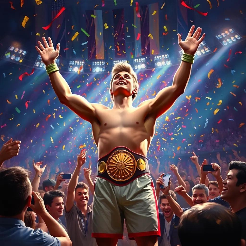The moment of victory, Leo raising his arms in celebration, with a golden championship belt shining around his waist, surrounded by fans and confetti falling, beautiful digital art, triumphant