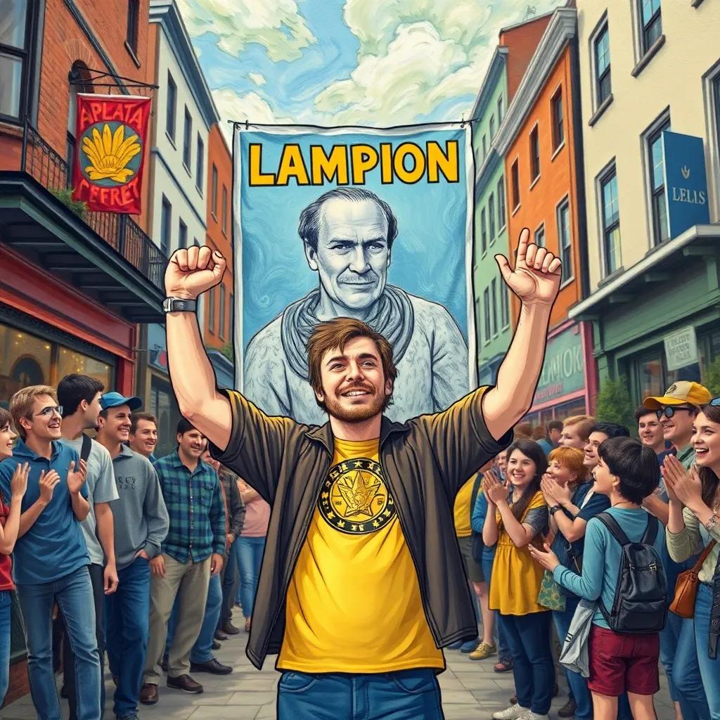 Leo standing in front of a large poster in town, showing his champion status, a crowd behind him cheering and celebrating, colorful, uplifting, comic style