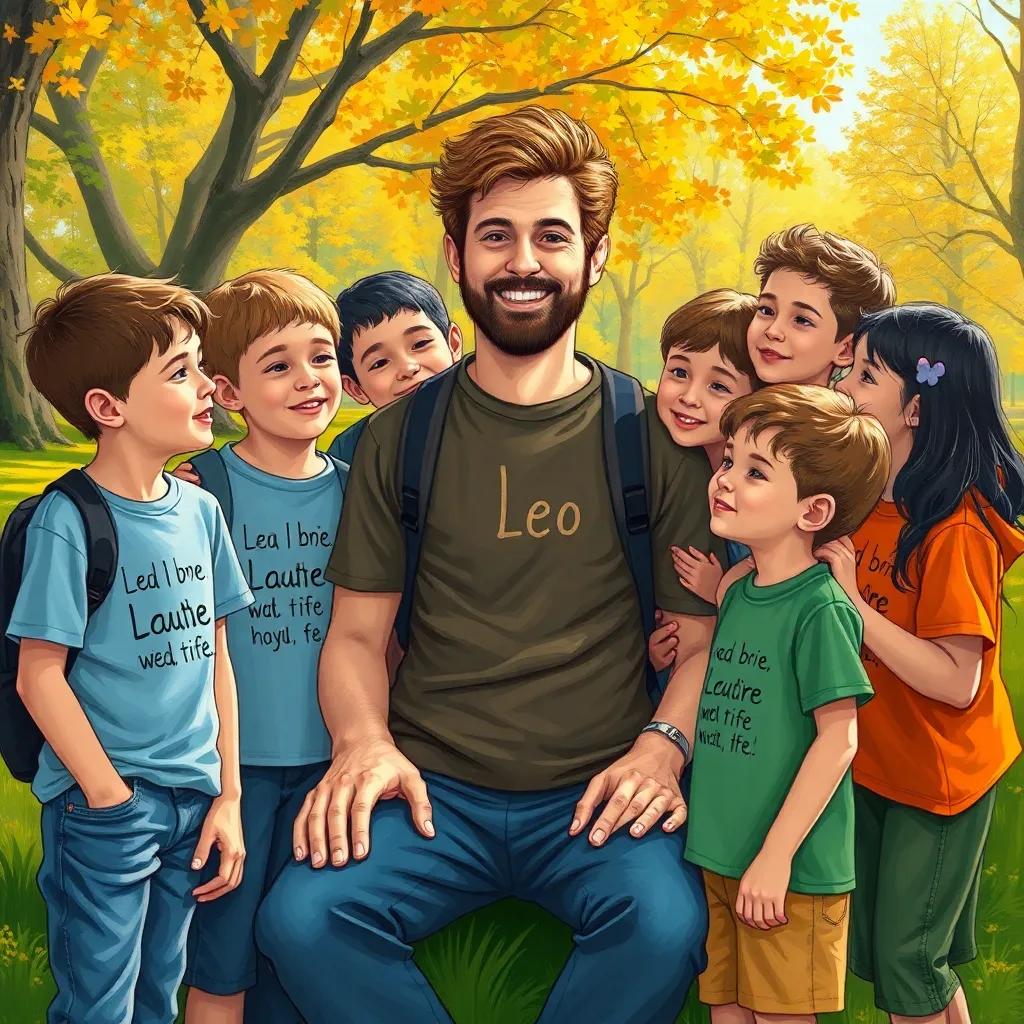 Leo with young fans around him, all wearing his merch, sharing inspirational words, in a park setting, bright colors, heartwarming scene, illustration