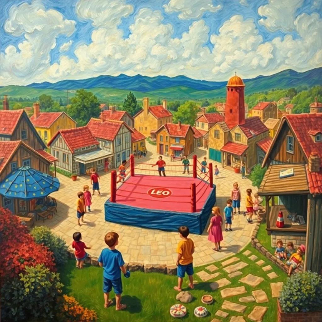 A panoramic view of Leo's small town, with a boxing ring in the center, and kids playing around, showing his legacy spreading, vibrant colors, hopeful tone, detailed