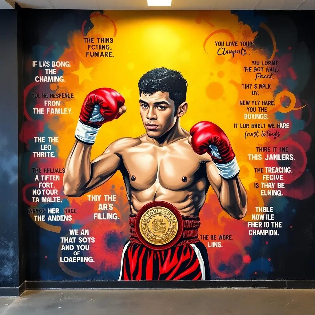 A mural of Leo in his boxing glory, with inspiring quotes surrounding it, showing his journey from a kid to champion, on a wall in the gym, artistic, motivational, colorful