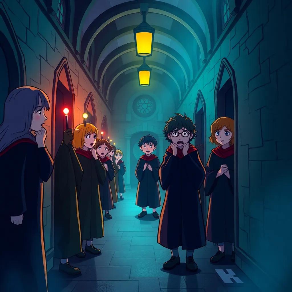 A dramatic Hogwarts hallway with students in robes, whispering about Voldemort having a son, frightened expressions, magical atmosphere, dynamic lighting, vibrant colors, child-friendly, illustration