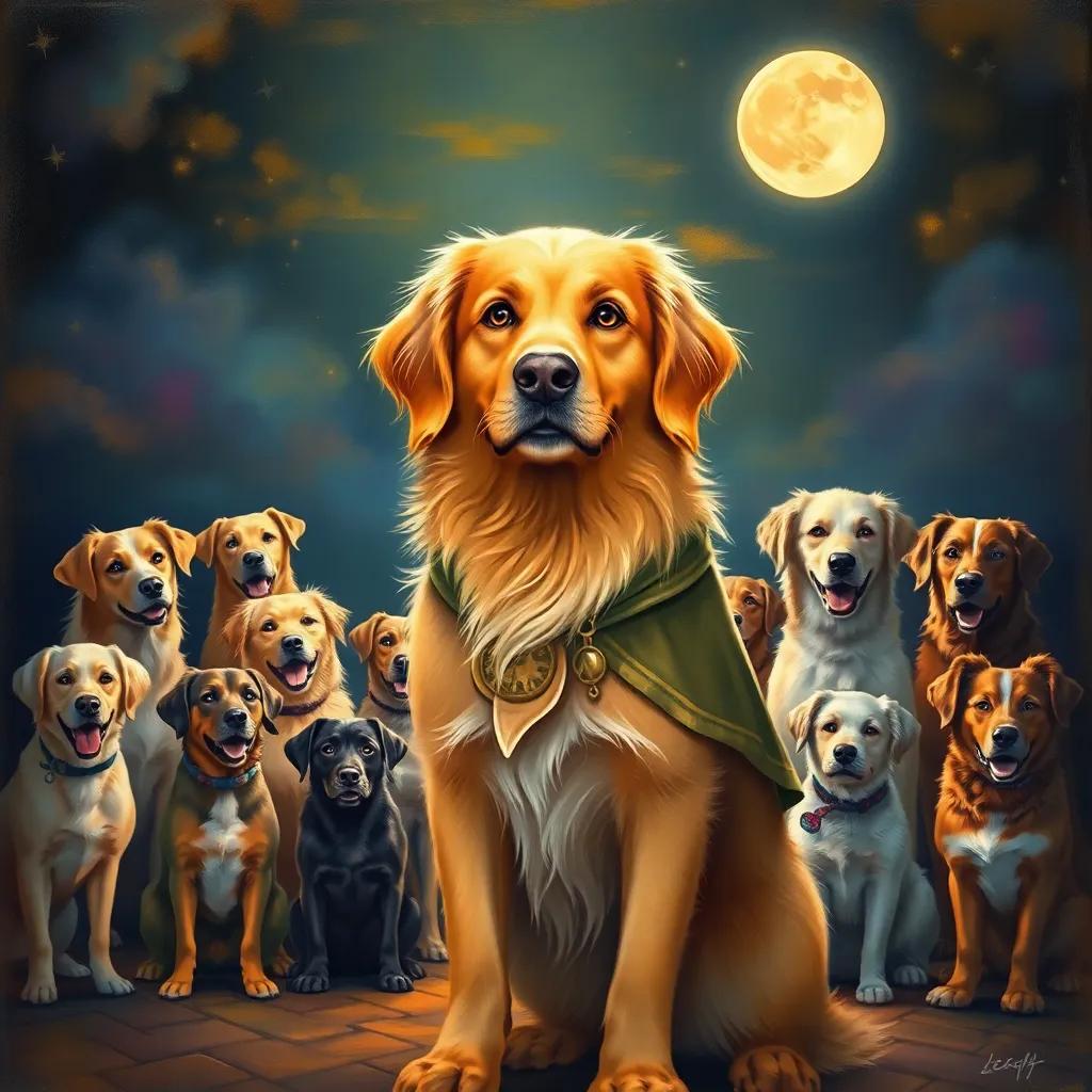 Max, the golden retriever with fluffy fur and bright eyes, standing proudly in front of a moonlit gathering of dogs, wearing a small cape, surrounded by various dog breeds, planning their new world, whimsical style, magical night, colorful light, fantasy