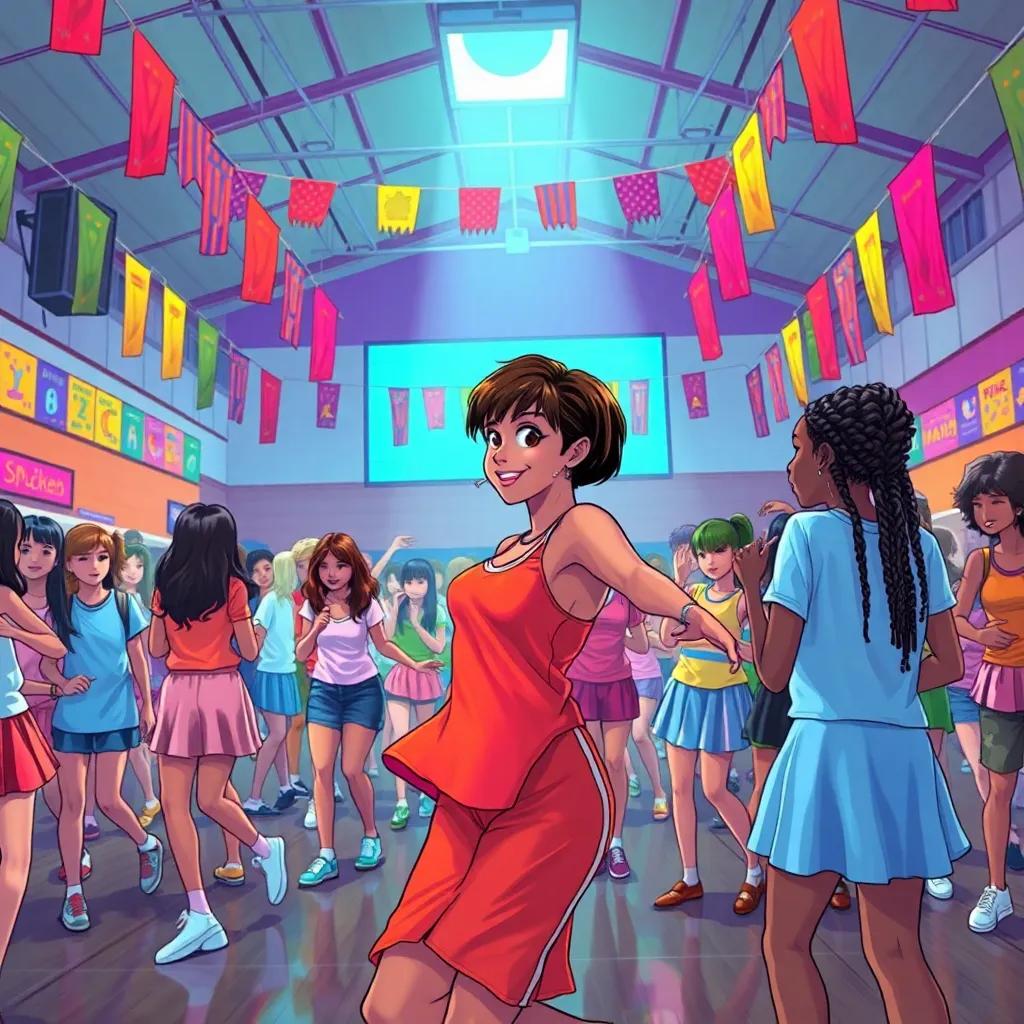 A vibrant high school gym filled with girls dancing energetically, Elizabeth Gutumbo with short brown hair and piercings twirling in a bright outfit, Ananias Katiwa with braids watching teasingly, colorful banners around, illustration, lively, engaging atmosphere, high quality
