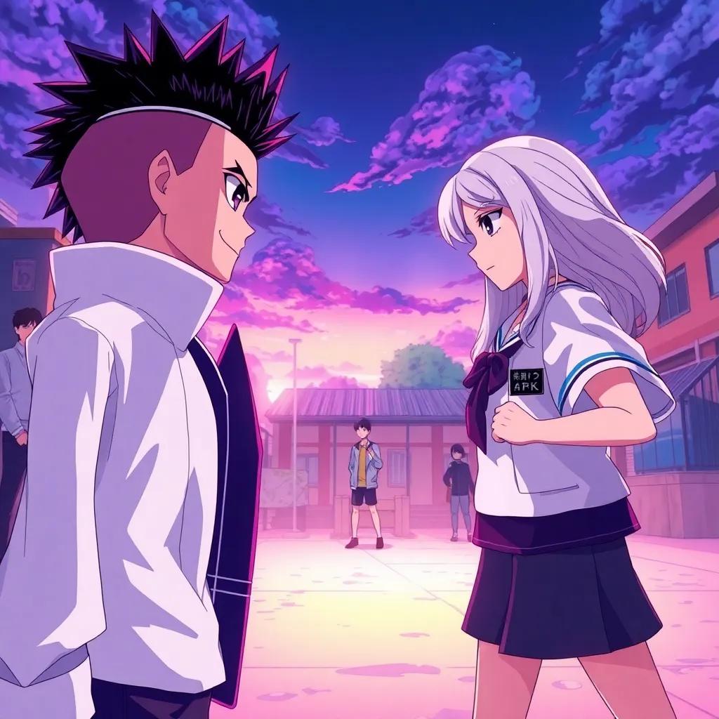 A tense scene at a school yard where boys from Tenjiku and girls from Shogestu High face off, Izana Kurokawa with undercut and purple eyes standing confidently, Elizabeth Gutumbo with a fierce expression facing him, detailed illustration, vibrant colors, intense mood, dynamic scene
