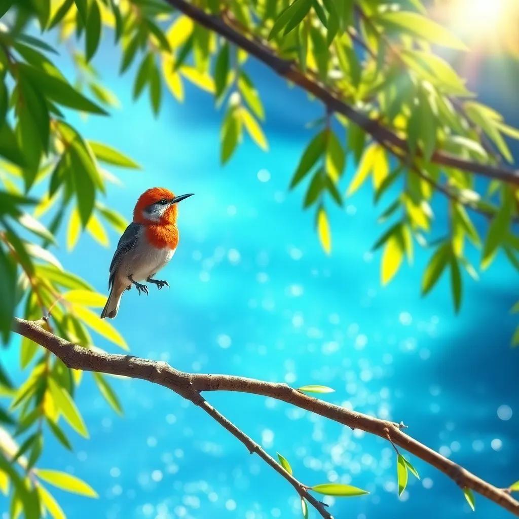 A small brightly colored bird perched on a green willow branch overlooking a sparkling blue river, sunlight shining through leaves, digital art, vibrant colors, cheerful atmosphere, close-up, high quality