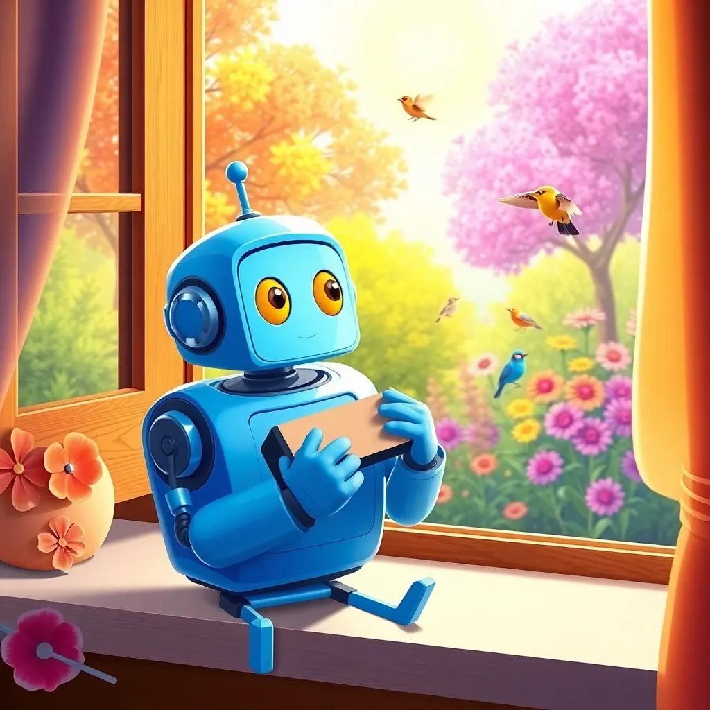 Harmonica, a cheerful blue robot, listening to birds sing outside a window with colorful trees and flowers in the background, illustration, warm sunlight, joyful