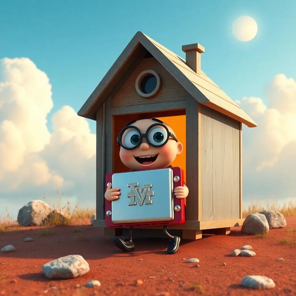 Harmonica rolling out of his house made of metal, ready for adventure with a sunny sky and fluffy clouds, digital art, cheerful, friendly vibe, high quality