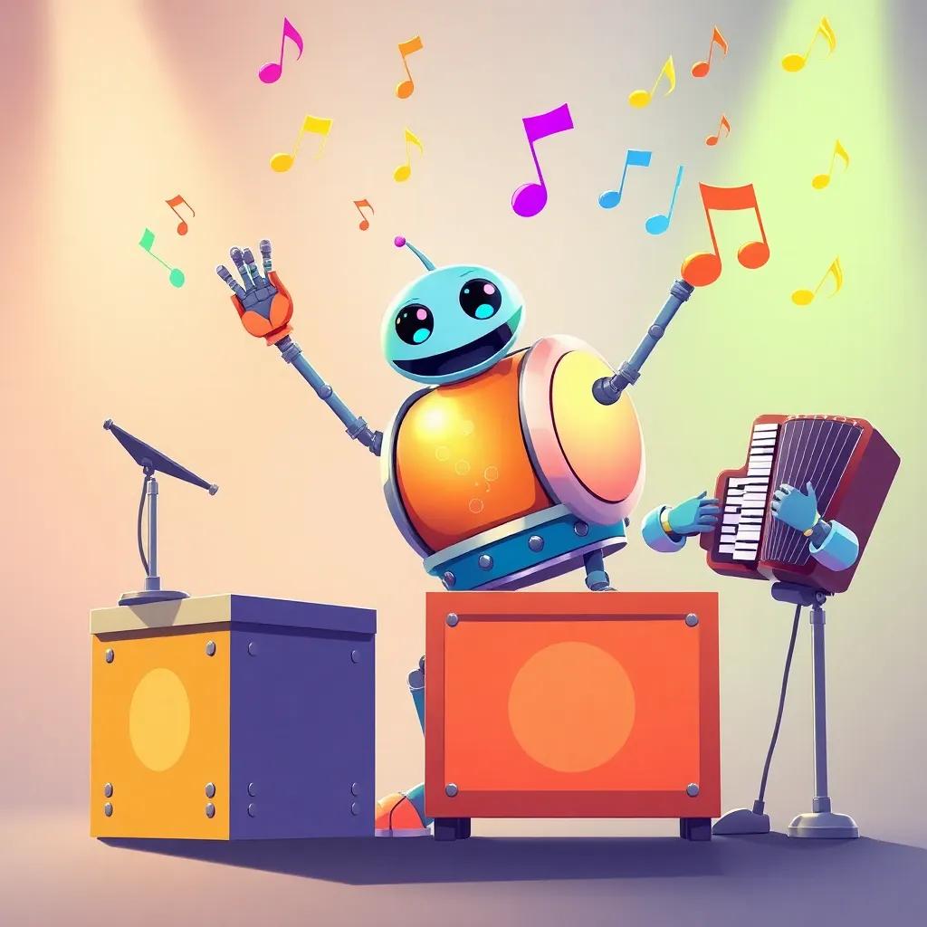 Drum, a round robot with big arms, happily playing on boxes while Harmonica watches, surrounded by colorful music notes floating in the air, colorful illustration, lively