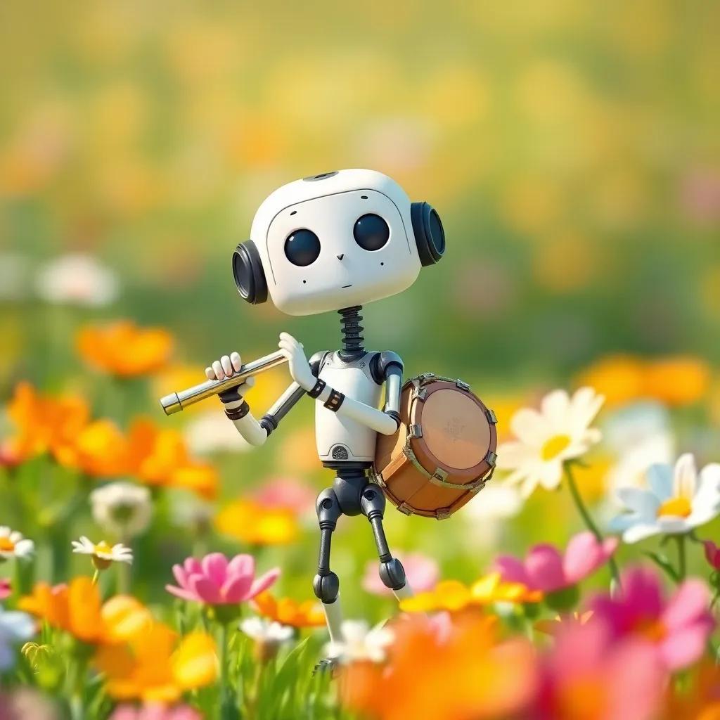 Flute, a small robot with a thin body, joyfully whistling and dancing with Harmonica and Drum in a bright field filled with flowers, vibrant colors, playful