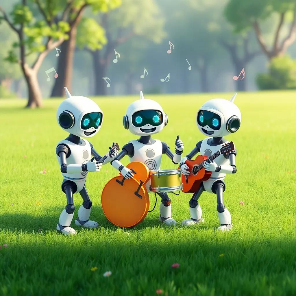The three robots practicing together in a grassy park, music notes floating around them, everyone looking happy and excited, digital art, bright and cheerful