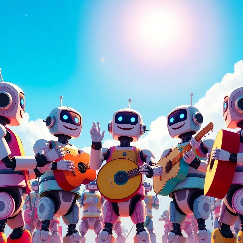 Robots gathering around the three musicians, clapping together with happy expressions under a blue sky and bright sun, illustration, colorful and bright, uplifting atmosphere