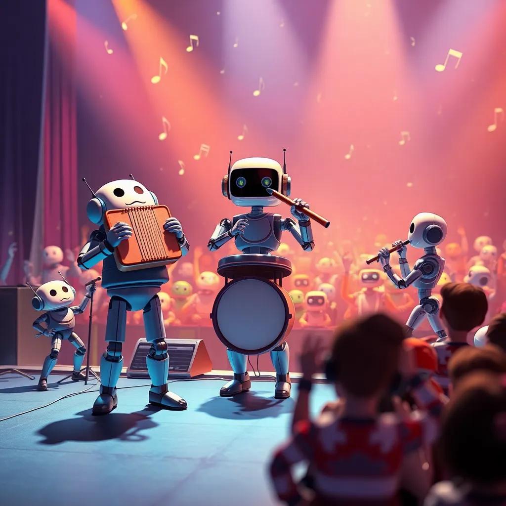 The day of the concert, Harmonica, Drum, and Flute standing on a stage with an audience of excited robots, music notes in the air, digital art, dynamic and vivid