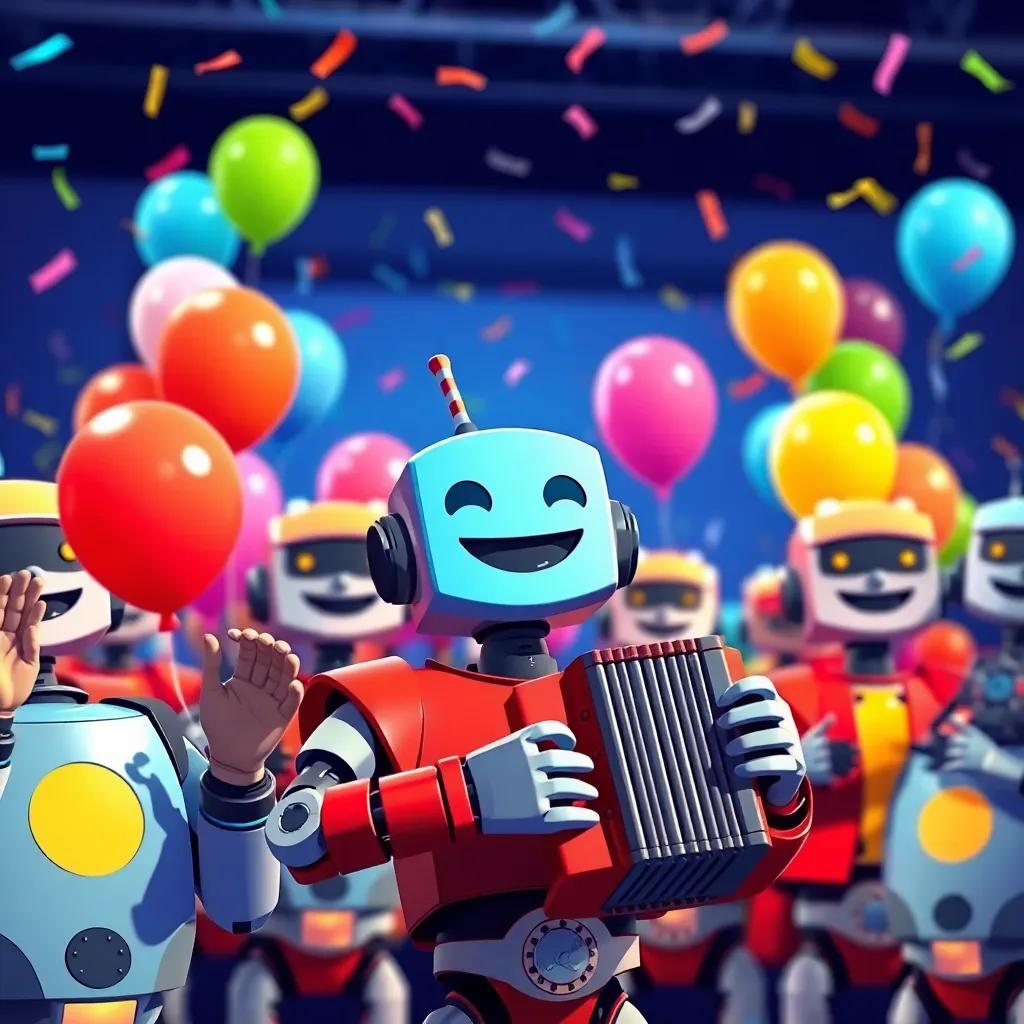 A joyful scene of robots cheering and clapping after the concert, Harmonica feeling proud with a big smile, colorful balloons and confetti in the background, illustration, celebratory and happy