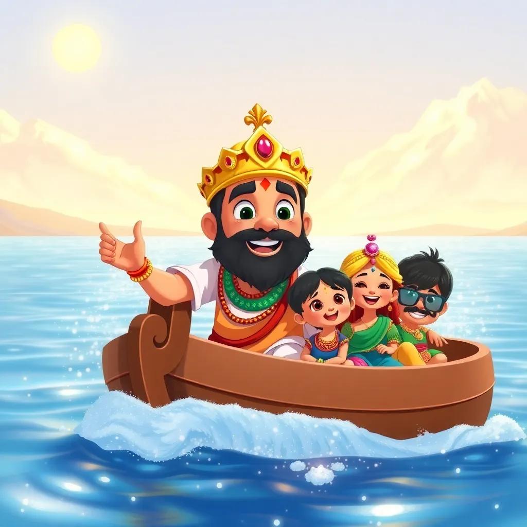 King Arjun, a kind Indian king with a golden crown, sailing on a big boat with his family on a shimmering lake, bright sun shining, joyful expressions, illustration, colorful, adventure-themed, child-friendly