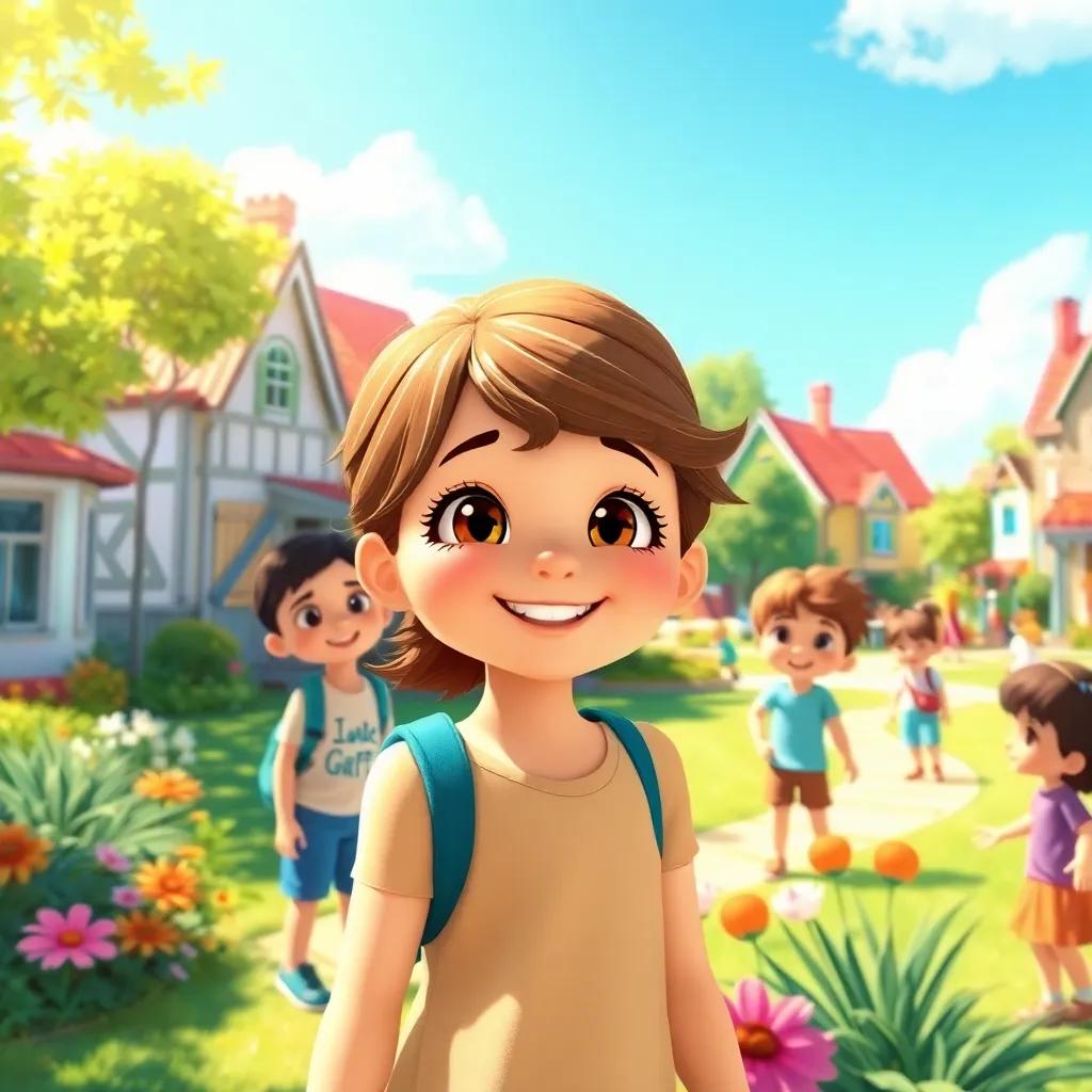 A sunny little town with children playing together outside, a girl named Ruth smiling brightly, surrounded by her friends, colorful park, cheerful atmosphere, digital art, vibrant colors, sunny light, joyful scene, highly detailed