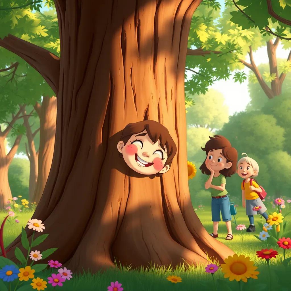 Ruth hiding behind a big tree, giggling, with her friends searching for her, trees and flowers around, playful tone, illustration, colorful, bright and cheerful, warm light, fun perspective, cheerful