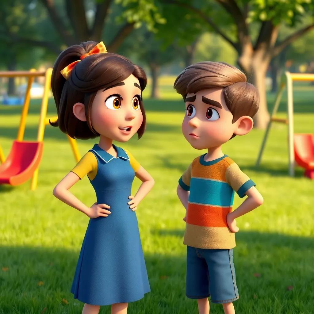 Ruth asking Sam in a friendly way, with her hands on her hips, looking surprised, Sam looking serious but kind, grassy park with swings and slides in the background, heartfelt moment, bright colors, inviting atmosphere, detailed