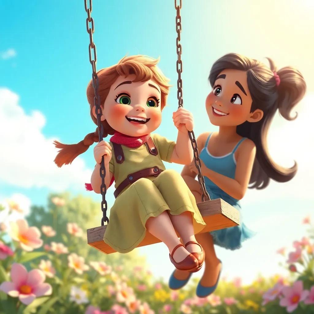 Ruth swinging happily on a swing, Mia watching her with a smile, sunny day and blue sky, flowers blooming nearby, colorful and cheerful atmosphere, digital painting, bright and vibrant, warm light