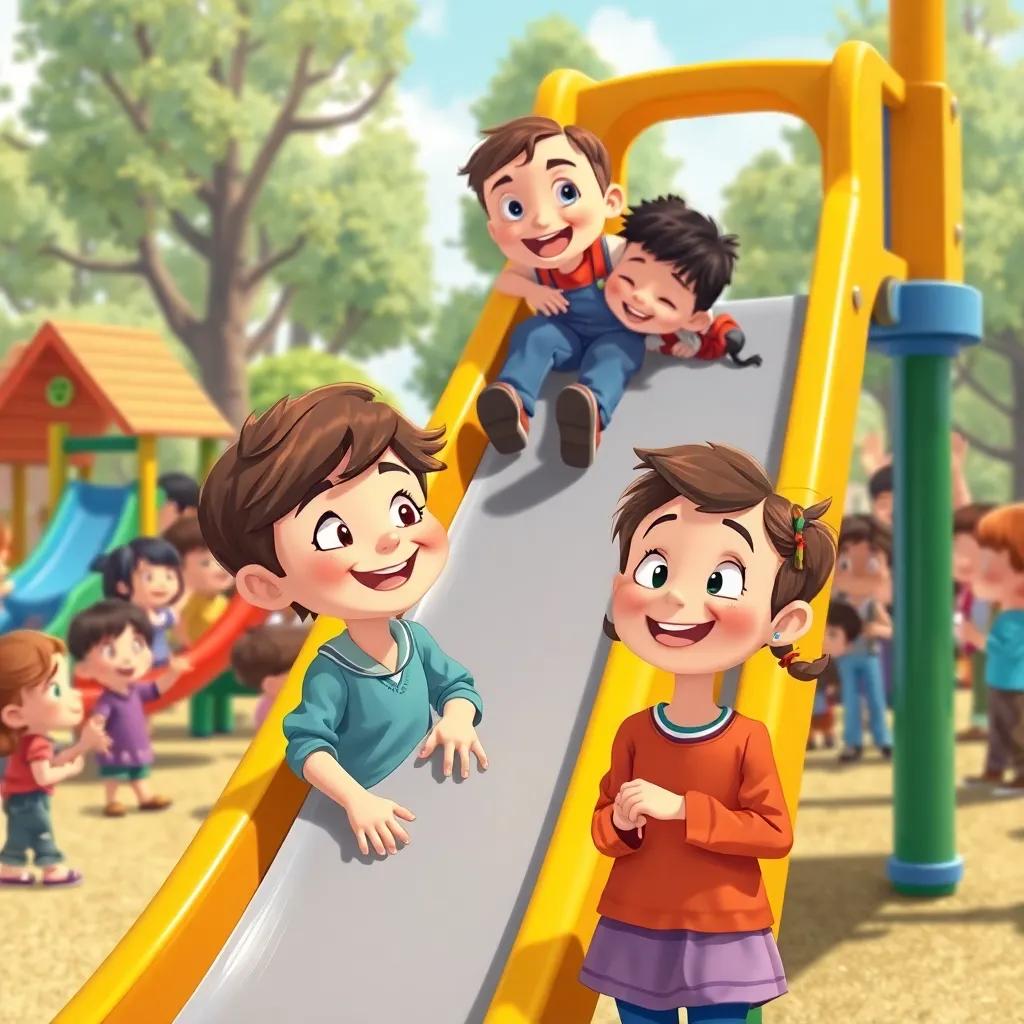 Ruth and Leo at the slide, Leo climbing with excitement, Ruth standing below smiling, playground filled with other kids, colorful, joyful scene, friendly atmosphere, detailed illustration, lively