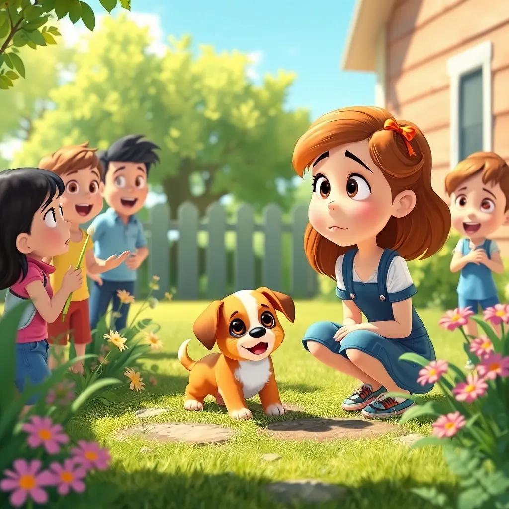 Ruth finding a cute lost puppy in a small garden, looking concerned but excited, cheerful friends around her, sunny day, bright colors, heartwarming moment, vivid illustration, inviting atmosphere