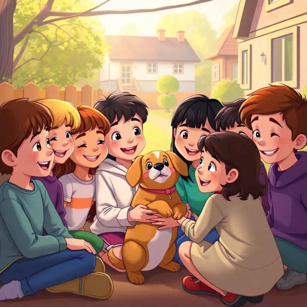 Kids gathered around Ruth, all smiling and looking happy, as they help the puppy, a cozy neighborhood setting in the background, warm light, friendly scene, soft colors, illustration