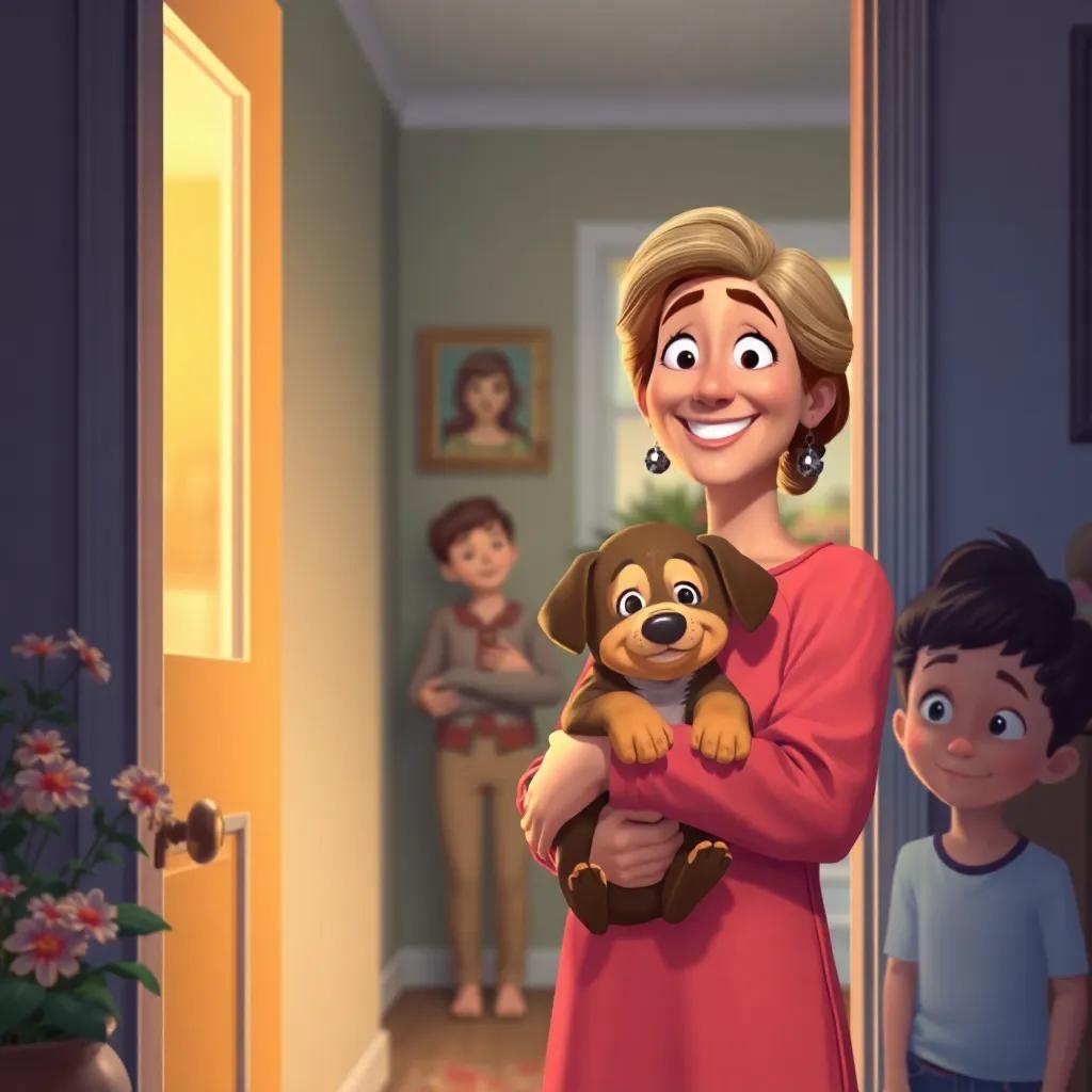 A woman at the door looking surprised and happy, Ruth holding the puppy looking proud, children smiling in the background, cozy home with flowers, warm light, digital art, heartwarming moment