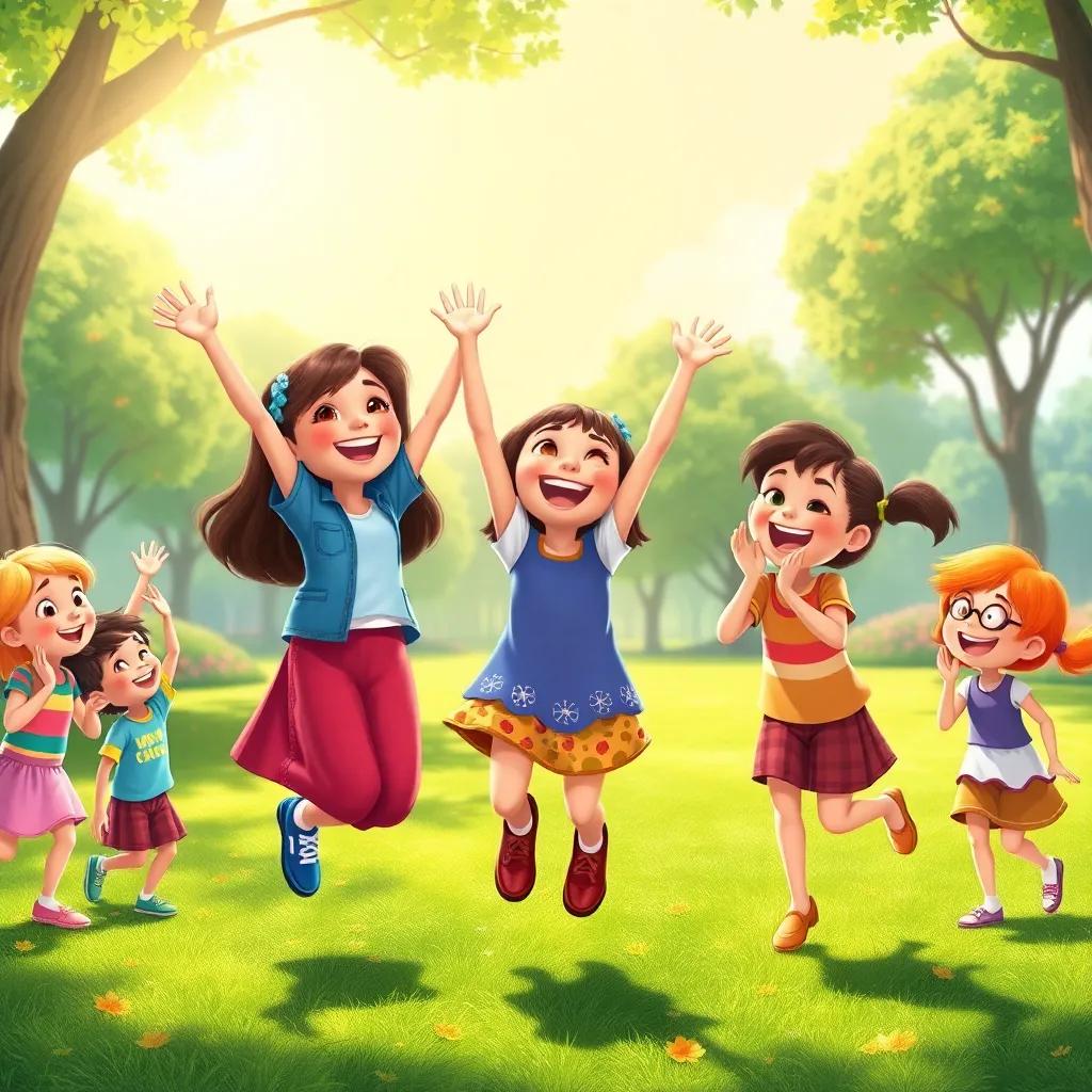 Ruth and her friends celebrating together, jumping and clapping with excitement, park filled with sunshine, happy children playing, colorful, cheerful atmosphere, vibrant illustration, detailed