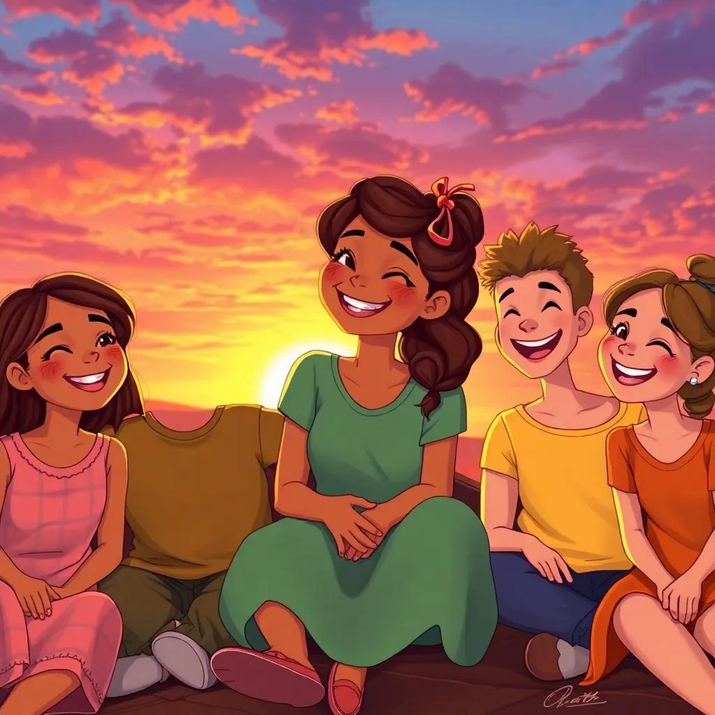 Ruth sitting with her friends at sunset, all smiling, colorful sky in the background, sharing kindness and laughter, warm light, togetherness theme, beautiful illustration, inviting atmosphere