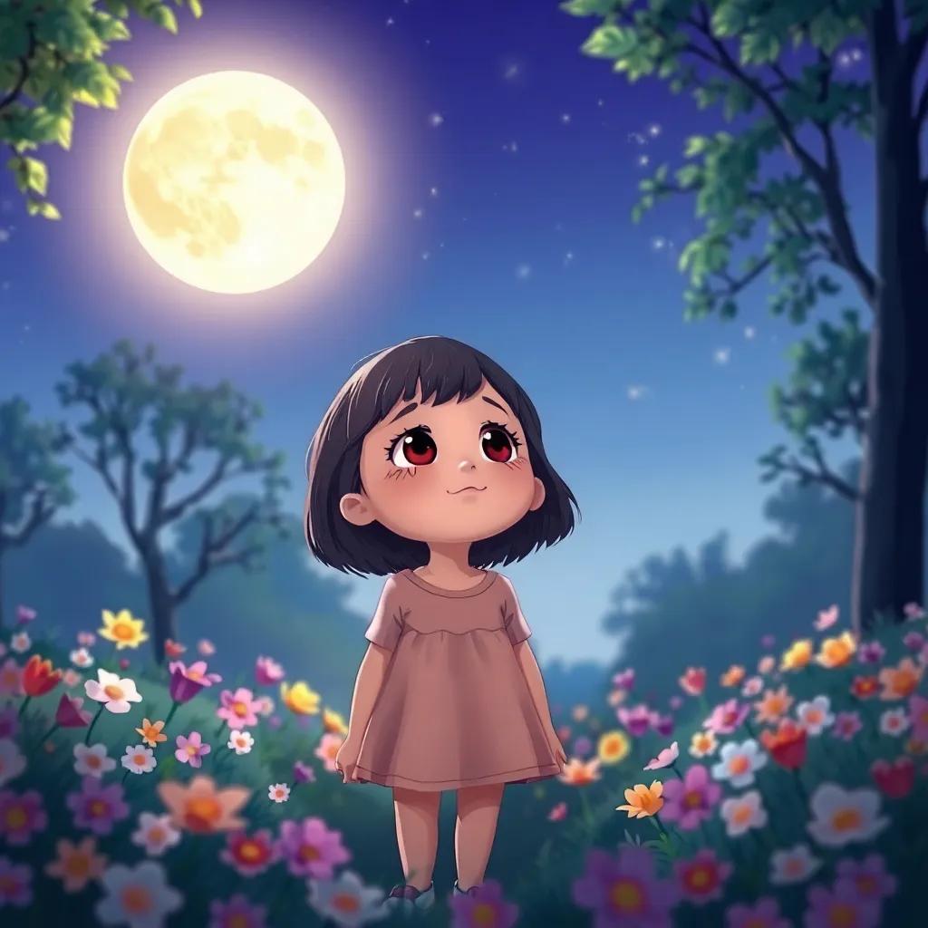 A little girl, Mia, looking up at the moon with curiosity, standing in a park full of flowers, moonlight illuminating her face, illustration, cheerful, whimsical, high quality
