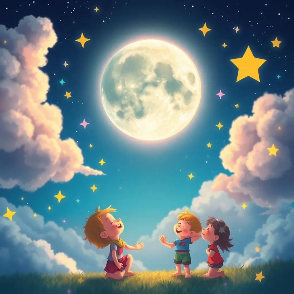 The moon lowering down to the clouds, coming close to the earth, surrounded by colorful stars, children laughing in the background, magical atmosphere, bright colors, high quality