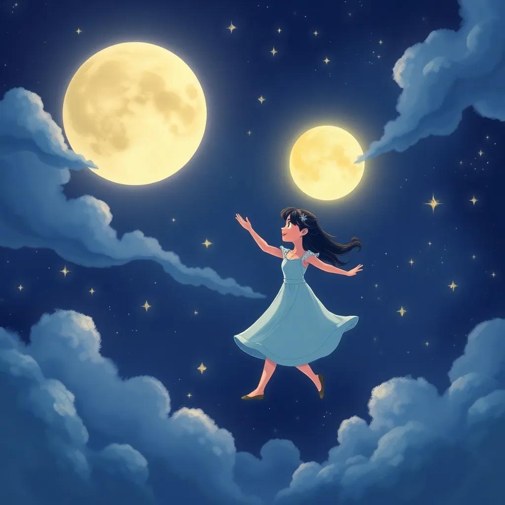 The moon and Mia dancing together in the night sky, surrounded by sparkly stars and flowing clouds, illustration, joyful, enchanting, high quality