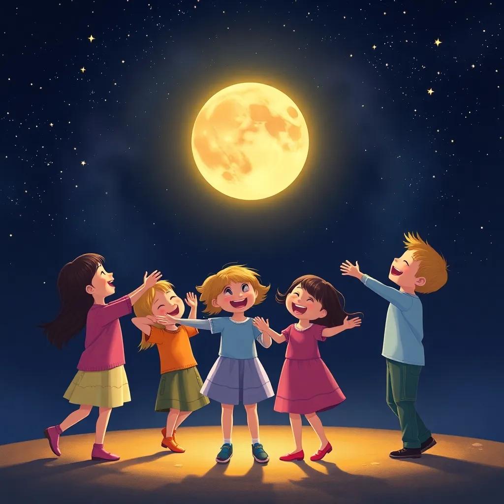 Children holding hands with the moon, laughing and spinning in a circle, beneath dark skies filled with twinkling stars, warmth and happiness, vibrant colors, high quality