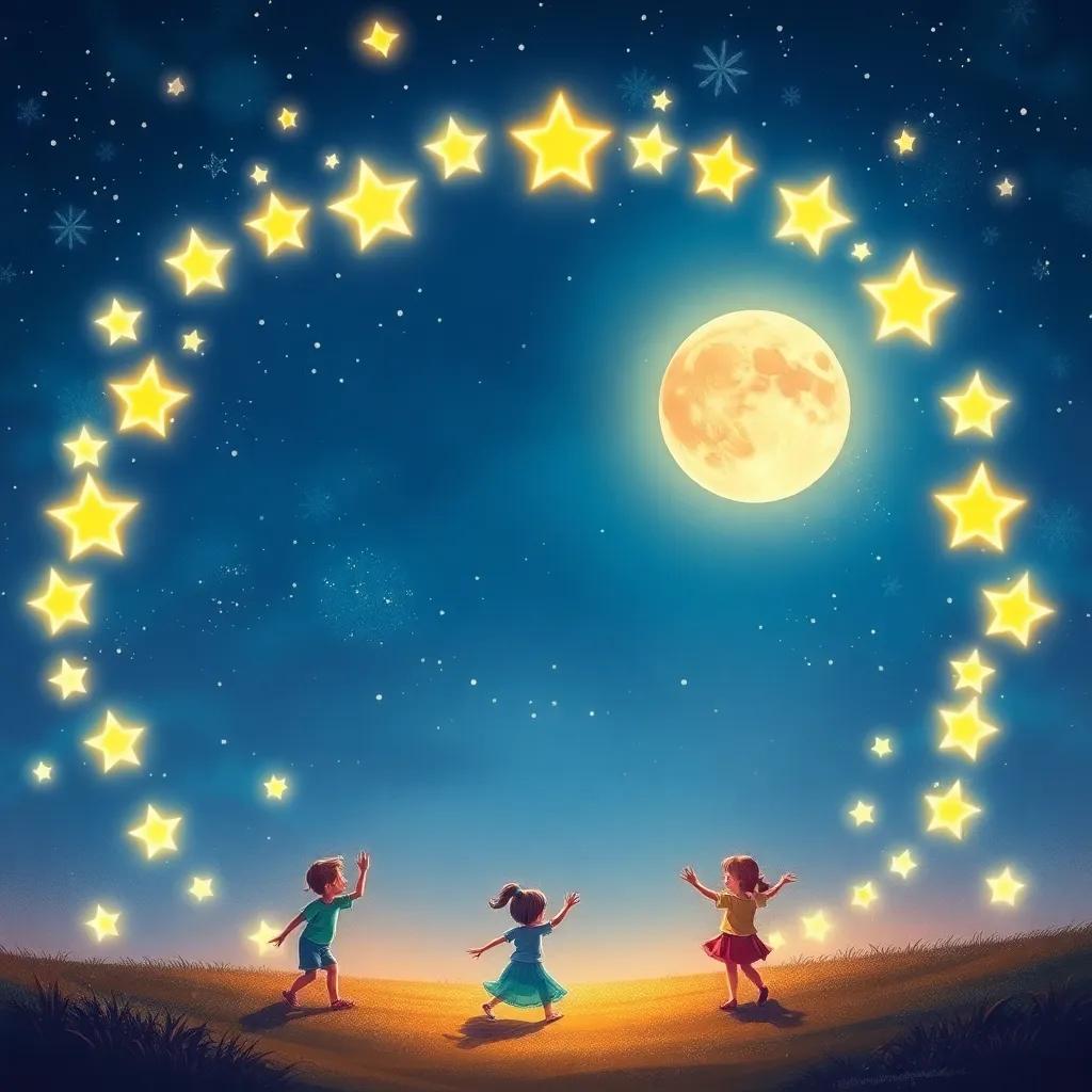 A beautiful scene of stars shining brightly around the moon, creating a festive atmosphere, with children playing and dancing below, illustration, magical, bright colors, high quality