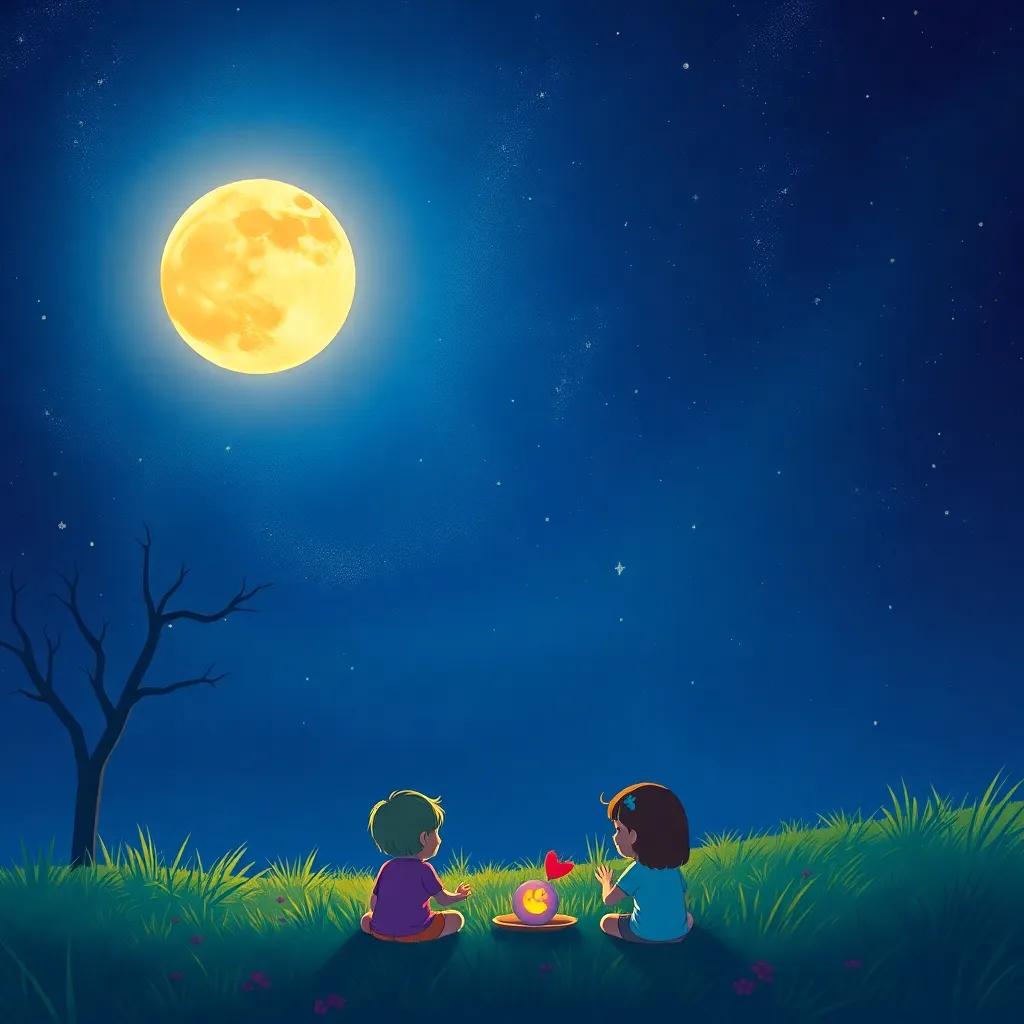 The moon glowing brightly with joy, as she sees colorful drawings of children playing below, surrounded by an inspiring night sky, illustration, uplifting, radiant colors, high quality
