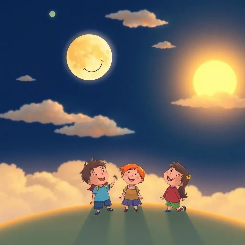 The moon smiling down at happy children, the sky transitioning from night to day, soft clouds and a glowing sun, illustration, warm, inviting colors, high quality