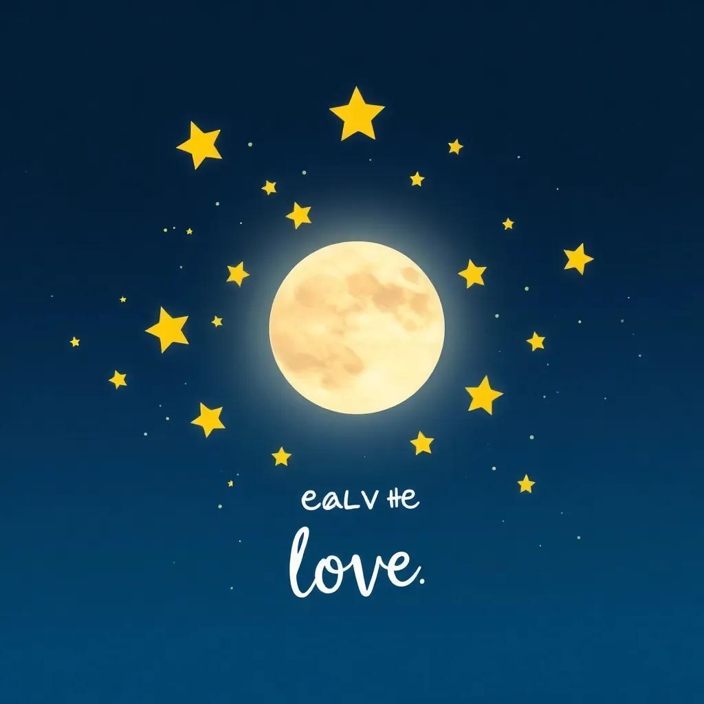 A night sky being filled with love, the moon surrounded by stars, conveying friendship and joy, illustration, emotional, positive colors, high quality