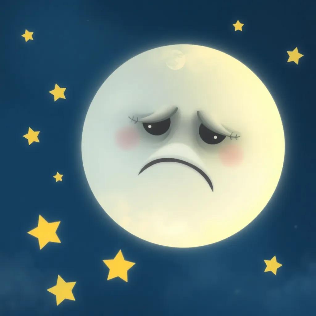 A sad moon with a big round face and a wide mouth, floating in the night sky, surrounded by twinkling stars, looking down with a frown, digital painting, soft colors, serene atmosphere, high quality