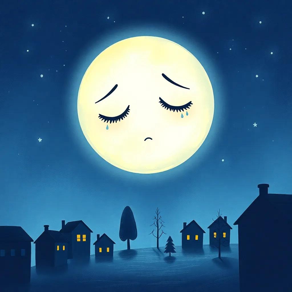 The moon's face, looking down with tears, surrounded by small trees and shadows of buildings, in a dreamy nighttime scenery, gentle light, whimsical, child-friendly