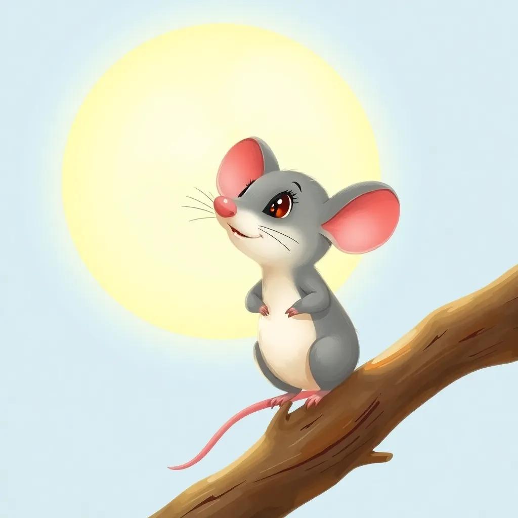 A cute little mouse, with big ears and a grey body, standing on a tree branch, looking up at the moon with concern, warm light, inviting atmosphere, illustration, colorful