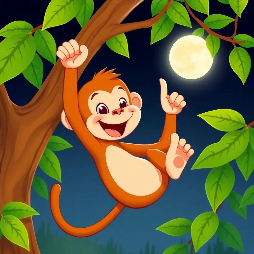 A cheerful monkey swinging on a branch, looking lively and colorful, with a playful expression, pointing towards the moon, surrounded by vibrant green leaves, digital art, cartoon style, cheerful