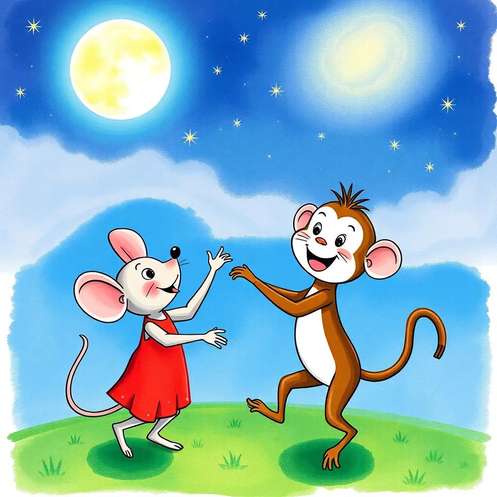 The mouse and monkey together, dancing under the bright moon, with the scenery of a beautiful night sky filled with stars, joyful and vibrant, colorful, illustration