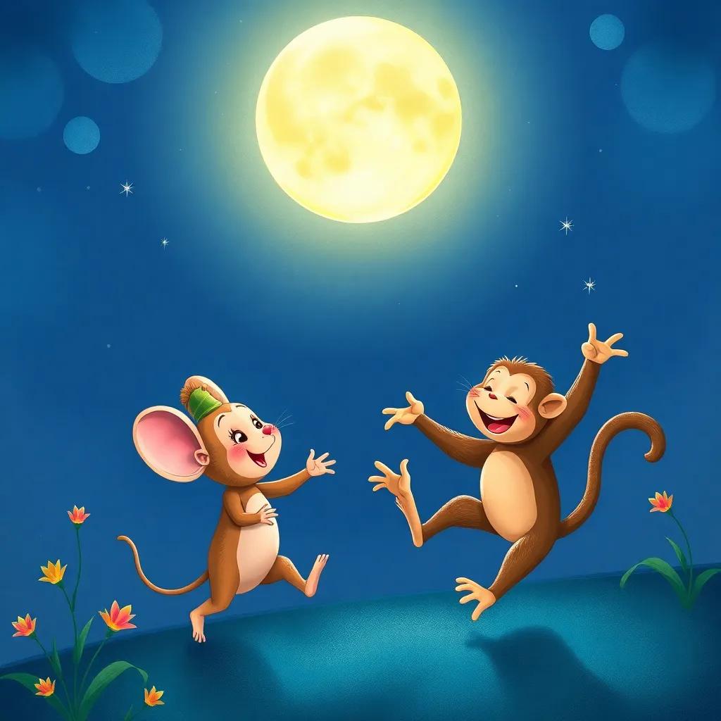 The moon lighting up the night, smiling down on the happy mouse and monkey, who are dancing joyfully beneath the light, lively colors, magic in the air, high resolution