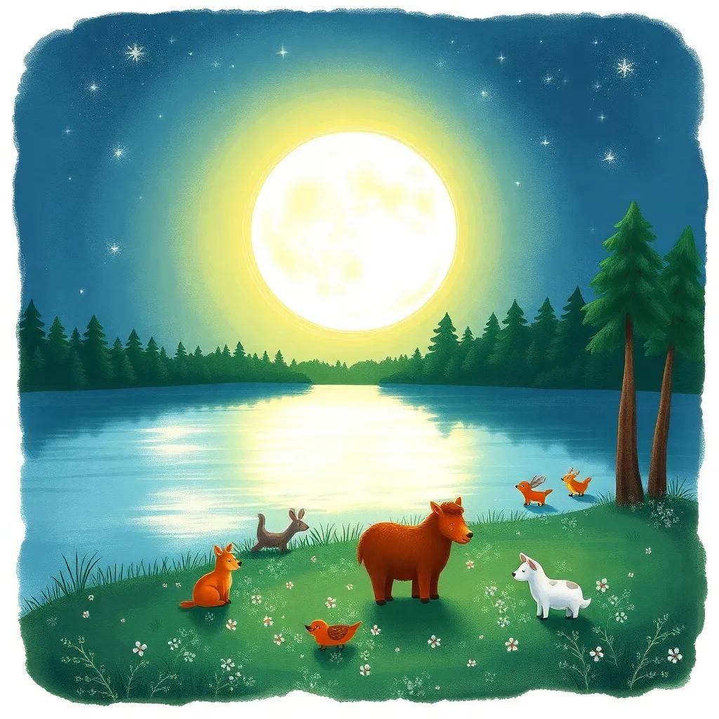 The moon glowing brightly, reflecting on a serene lake, surrounded by trees and animals happily frolicking, peaceful night scene, glittering light, magical atmosphere