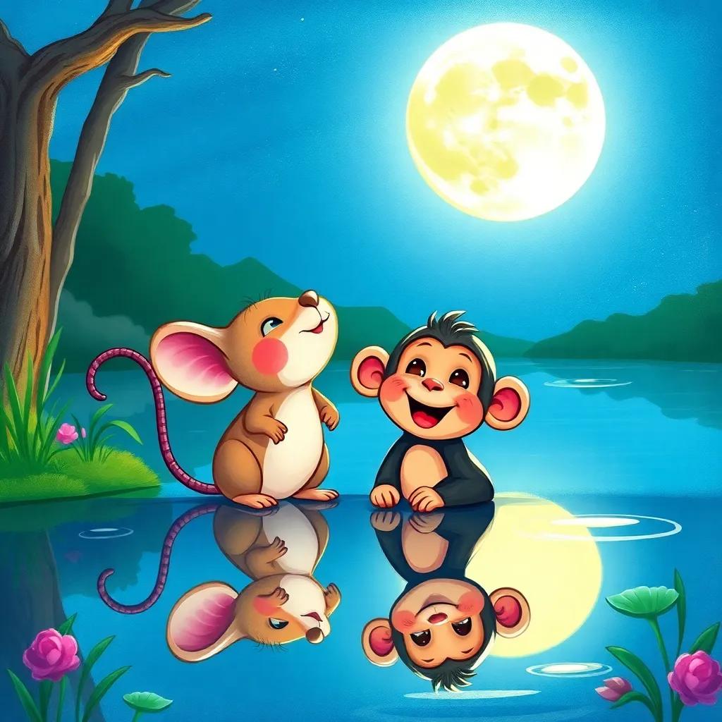 The mouse and monkey reflected in the lake, gazing up at the bright moon, their faces filled with joy and admiration, colorful and vibrant, uplifting