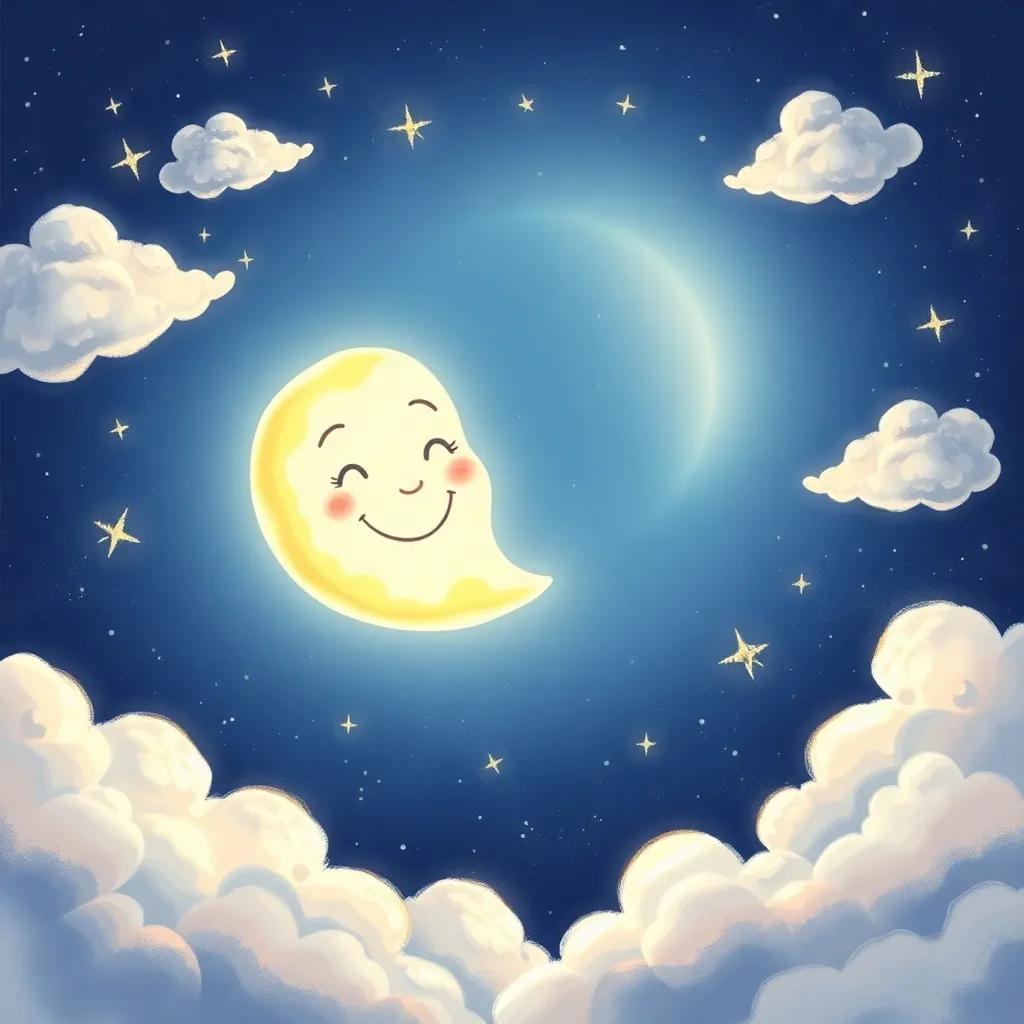 The moon, now smiling and beaming with light, surrounded by beautiful clouds in a starry sky, exuding happiness and warmth, dreamy and enchanted, high quality
