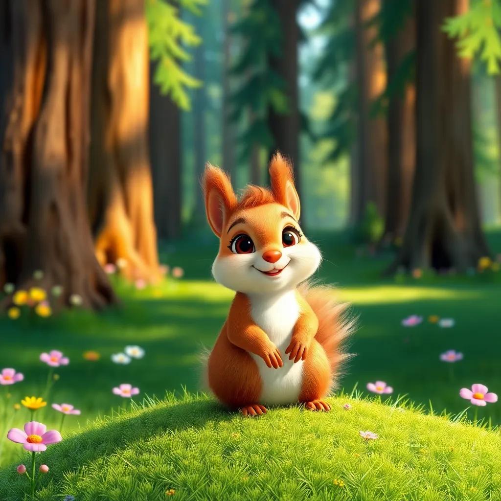 A little squirrel named Sammy with fluffy fur and a bushy tail, sitting on a green grass patch in a bright forest, surrounded by tall trees and colorful flowers, cheerful and inviting atmosphere