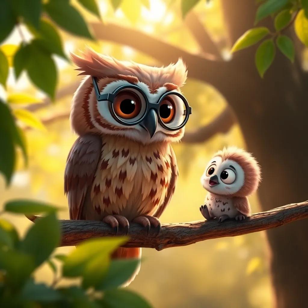 A wise old owl named Ollie, with big round glasses sitting on a branch, talking to Sammy who looks curious, bright sunlight filtering through the leaves, warm colors, detailed scene